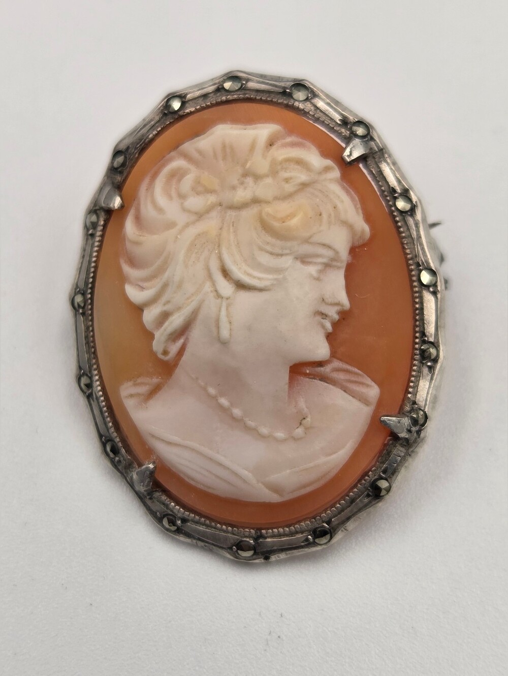 NEW Antique 800 Silver  Marcasite Cameo   Brooch Pendant Carved Shell Lady